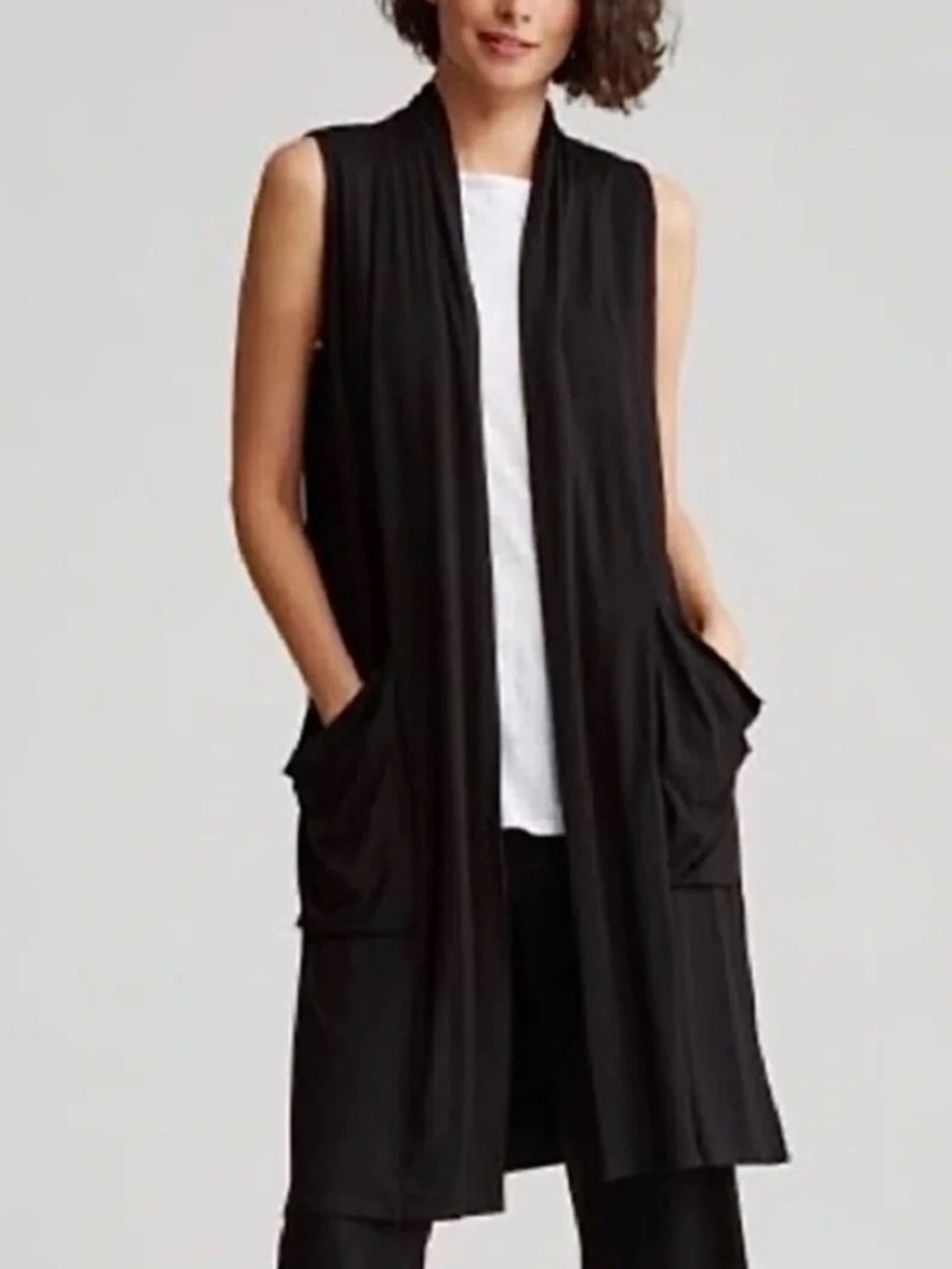 EILEEN FISHER Viscose Jersey Black Sleeveless Open Front Cardigan Size Small
